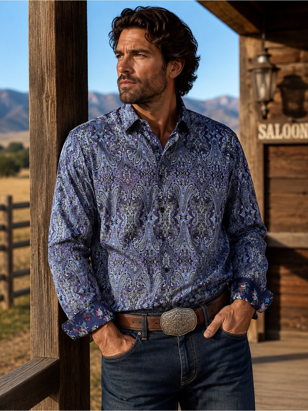 Lansky Bros. David Smith Designed Blue Paisley Long-Sleeve Shirt